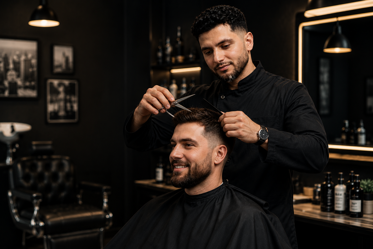 Barber cutting a client's hair in a dark luxury barbershop